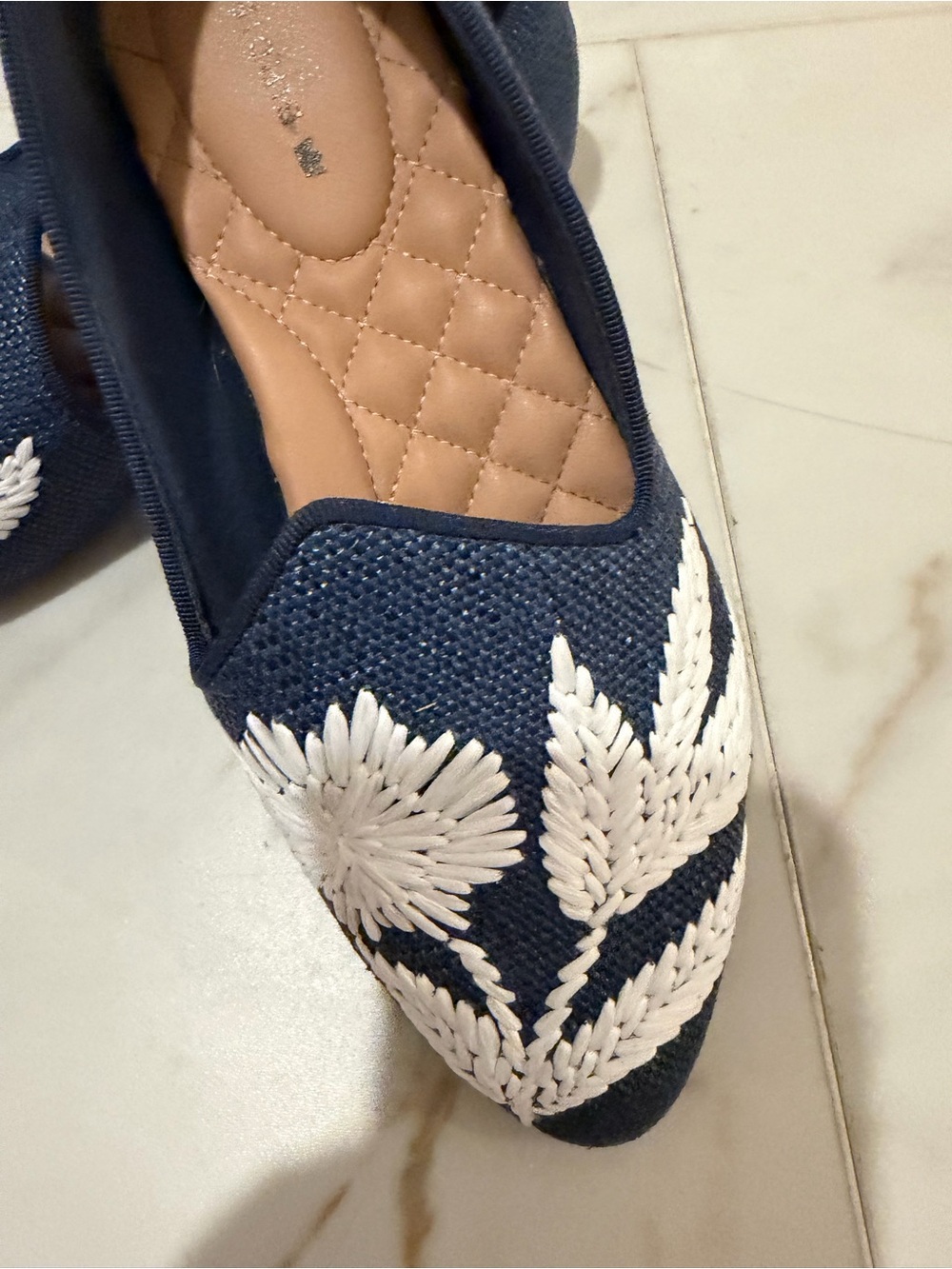 Birdies Navy Pointed-Toe Flats with White Floral Embroidery - Picture 2 of 5